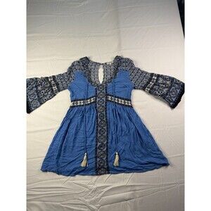 Umgee Dress Womens Size Small A-Line V Neck Black Blue Long Bell Sleeve